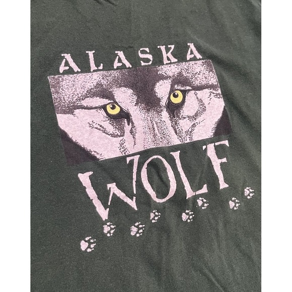 Vintage 90s Alaska Wolf Graphic Tee Single Stitch‎ Shirt Green Youth Large USA - Picture 2 of 5